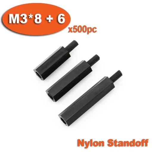 500pcs Male To Female Thread M3 x 8mm + 6mm Black Plastic Nylon Hexagon Hex Standoff Spacer Pillars