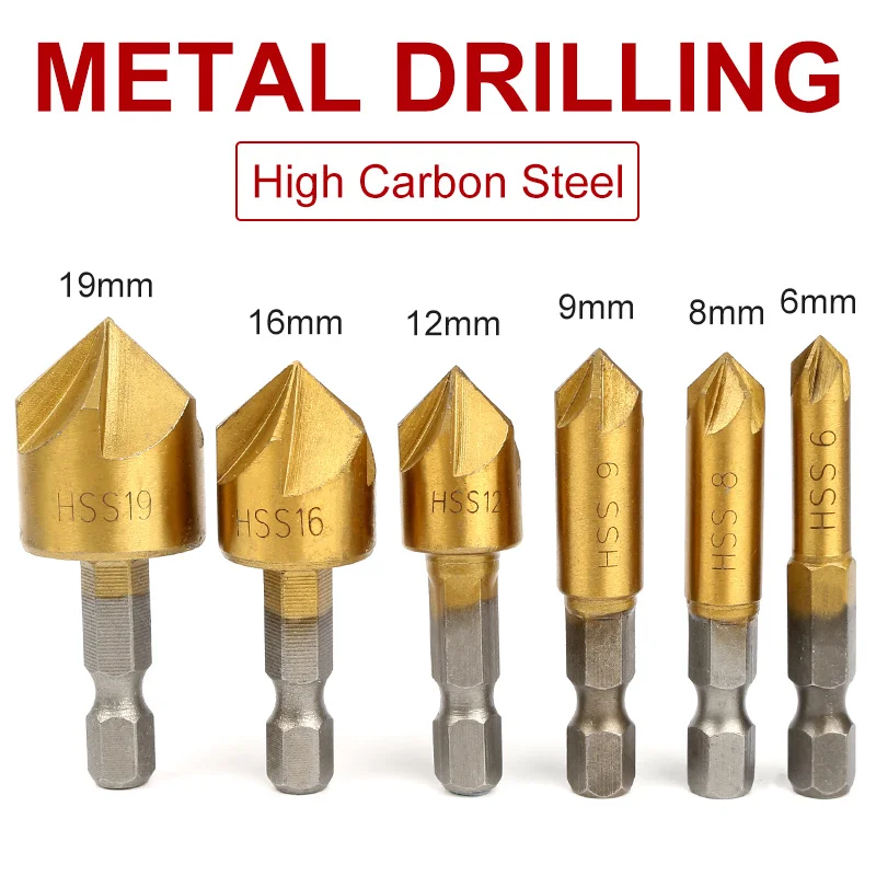 6PCS Round shank 5 Flute HSS Hard Metals natural color Five Edge Chamfer Chamfering End Mill Cutter Countersink Drill Bit