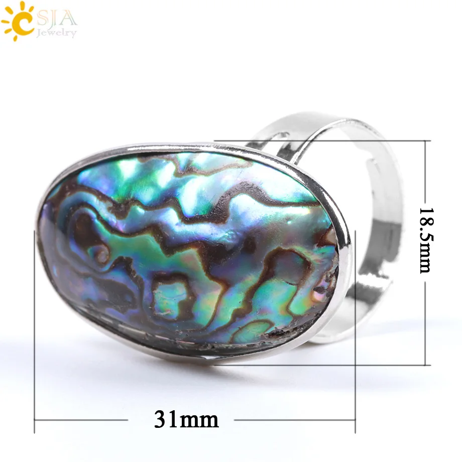 CSJA New Zealand Natural Abalone Shell Beads Finger Rings for Men Women Reiki Sea Shell Wedding Engagement Adjustable Ring F054