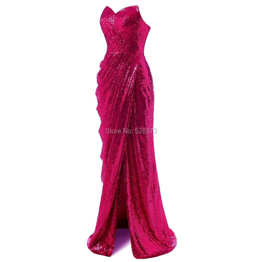 

YNQNFS Strapless ball gown, sequined mermaid evening gown, slit cut skirt, pleated rose red formal gown