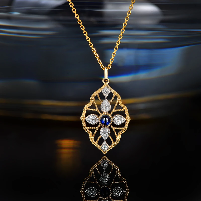 Caimao Milgrain Bezel Natural Cabochon Cut Blue Sapphire Diamond Pendant 14k Yellow Gold Exquisite Chain Vintage Jewels