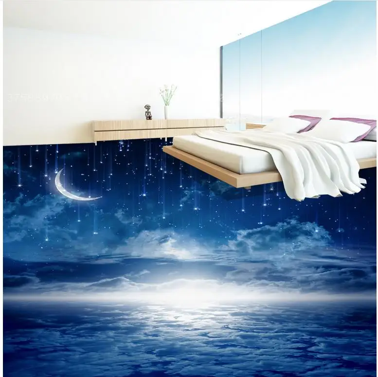 

3D PVC floor wallpaper Romantic night sky fantasy room 3D stereoscopic tiles 3d floor painting