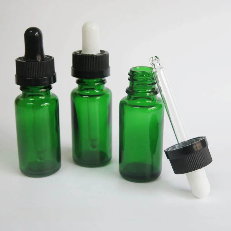 

Wholesale 100 Pcs/ Lot 15ml Green Glass bottle with black plastic dropper , glass 15 ml Dropper Bottles for Essential oil