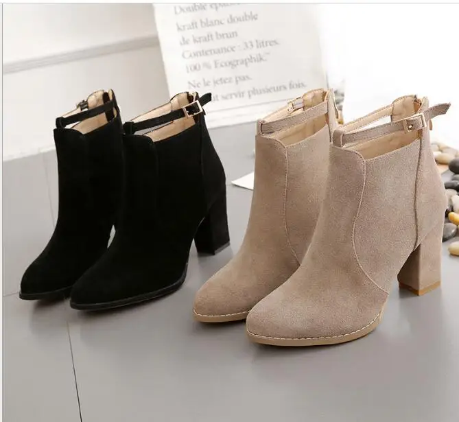 New Black Women's shoes wild suede Autumn Winter Fashion Woman Boots High Heels women Leather Ankle Boots Sexy Pointed Toe Boot