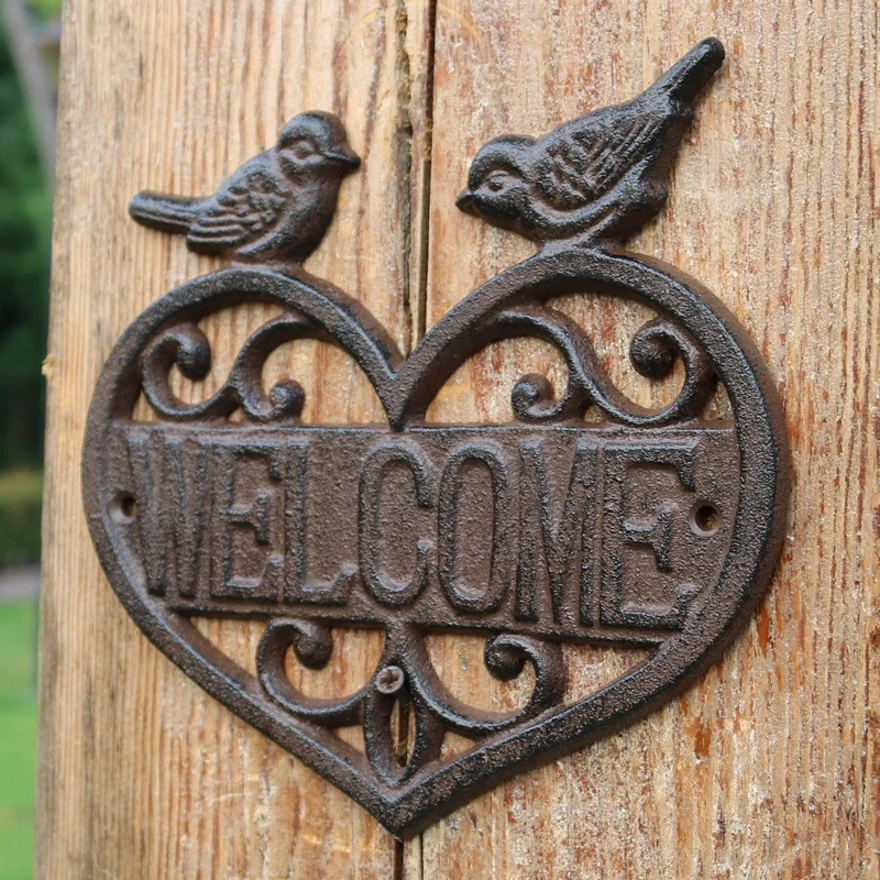 Rustic Heart Cast Iron Welcome Signs Plaques With Two Birds On European Home Garden Wall Decor Metal Signs Plaques Hollow Heart