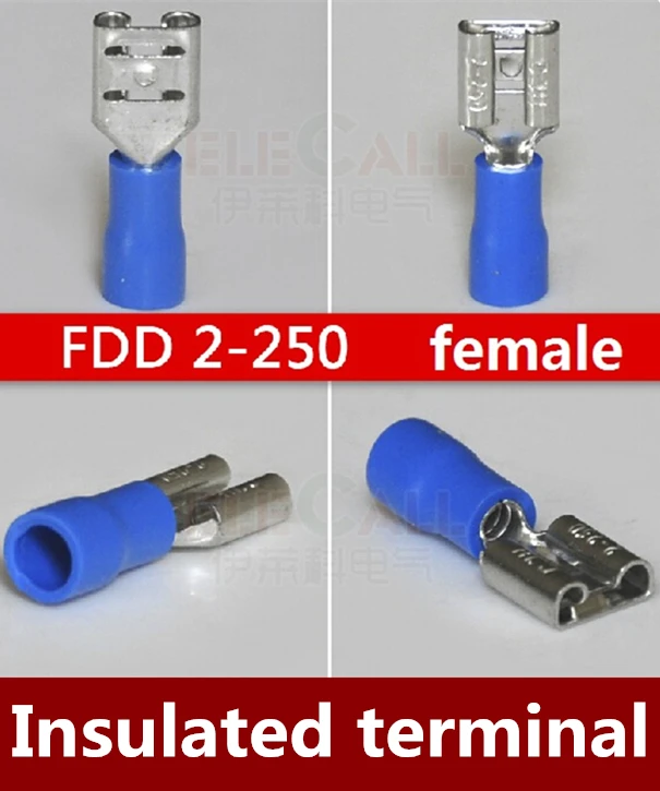 

NEW 500PCS/LOT FDD 2-250 6.3mm Blue FEMALE INSULATED ELECTRICAL SPADE CONNECTOR TERMINALS,WIRING,CRIMP 16-14 AWG