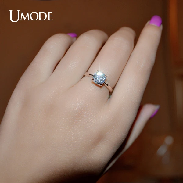 UMODE Rose Gold Color 4 Prongs 1.25 Carat Single CZ Shiny Stone Simple Engagement Rings JR0136A