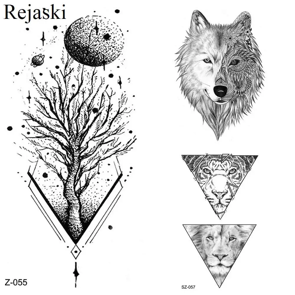 Временные татуировки Rejaski с черной планетой, ветвями дерева, наклейки, Переводные татуировки для женщин, Луны, мужчин, тела, рук, волков, Искусственные звезды, татуировки
