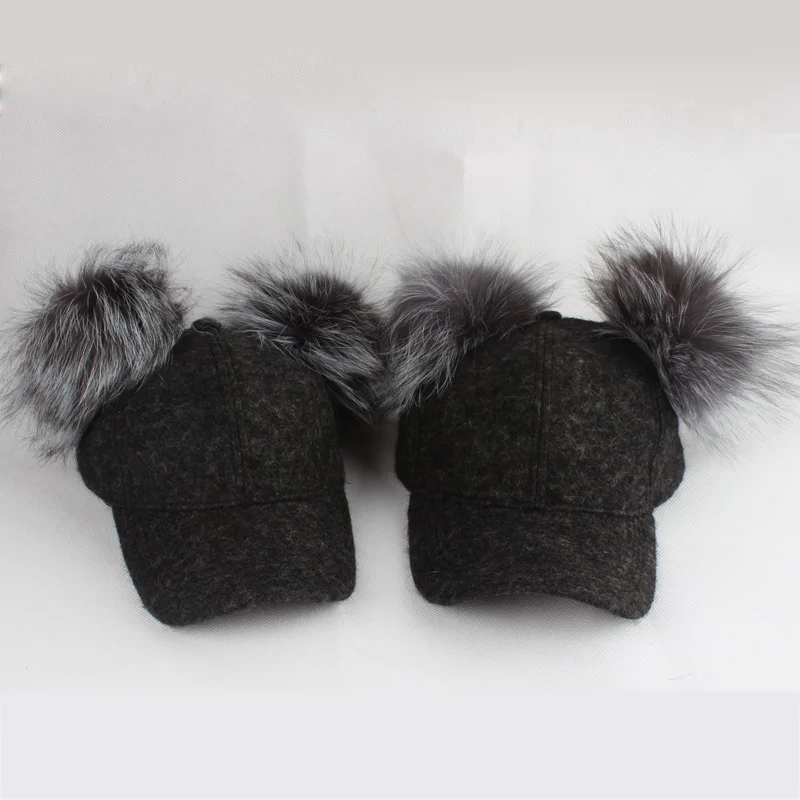 Real Silver Fox Fur Pompom Winter Hat For Women Kids Cartoon Two Pom Poms Baseball Caps Brand Snapback Hip hop Hat Cap