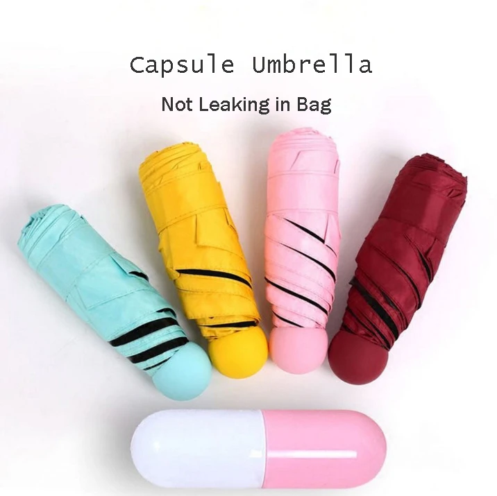 Capsule Mini Pocket Umbrella Men's Women Children Windproof Five Folding Sun Rain Black coating Parasol not leaking in bag