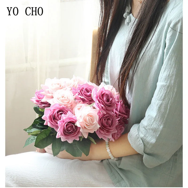 YO CHO Artificial Flowers Silk Artificial Roses Pink Red White Wedding Bouquets Fake Peonies Home Party Decoration Fake Flowers image 2