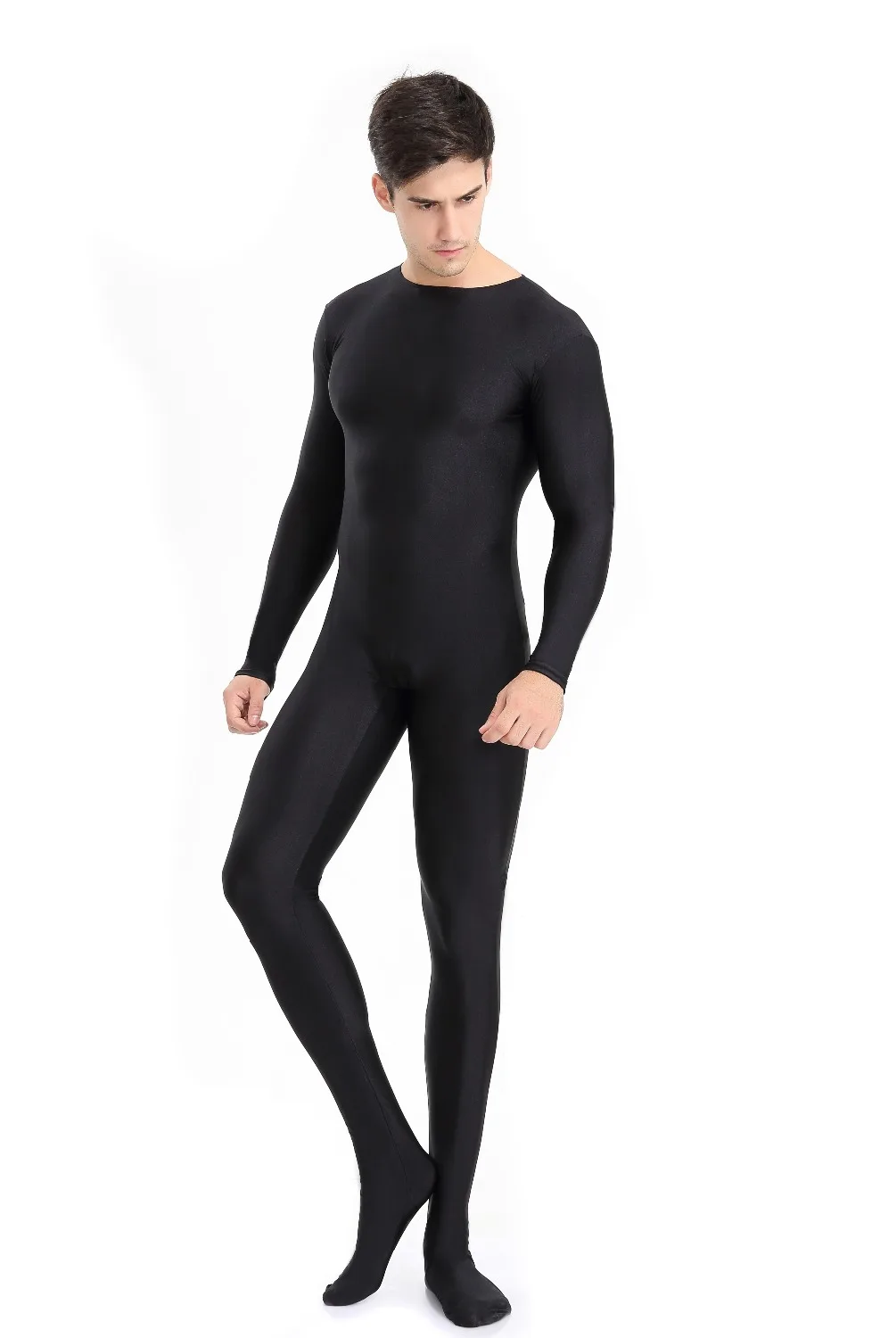 Terno de corpo inteiro do Spandex Zentai masculino, unitard preto de manga longa, bodysuit adulto com zíper preto, trajes cosplay