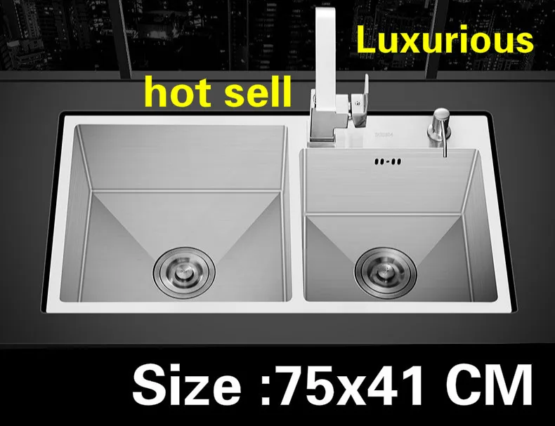 

Free shipping Apartment 304 stainless steel durable kitchen manual sink double groove do the dishes hot sell 75x41 CM