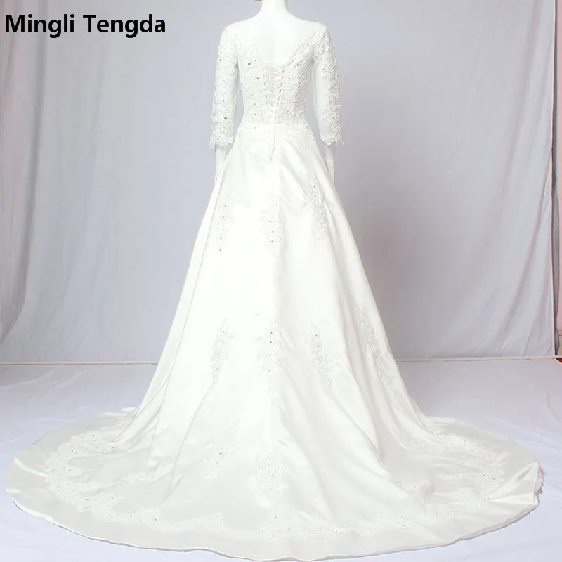 Mingli Tengda Design Custom Made Wedding Dresses 3/4 Sleeve Dresses Royal Train Wedding Dress Beaded V-Neck Satin Bridal Gown