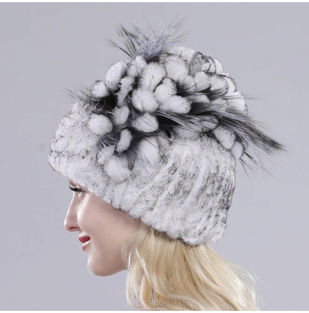 Neue Russische Damen Echt Rex-Kaninchenfell Mützen Luxuriöse Gestrickte Blumen Echte Rex-Kaninchenfell Kappe Winter Echt-Fell Beanie Mütze – Detail 7