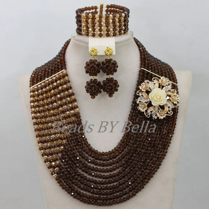 Traditional Brown Crystal Beads African Costume Jewelry Set Nigerian Wedding Necklace Bridal Jewelry Sets Free Shipping ABF824