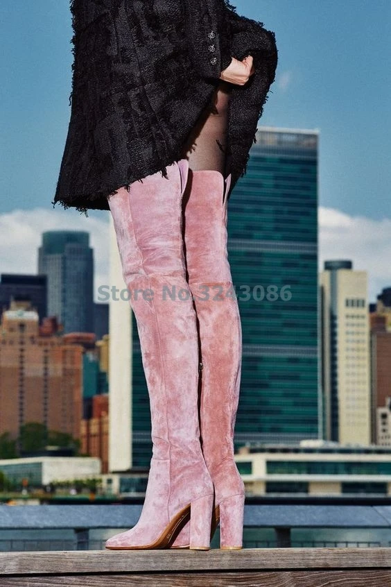 Pointed Toe Chunky High Heels Boots Pink Black Royal Blue Gray Suede Over The Knee Boots Sexy Tide High Women Long Boots