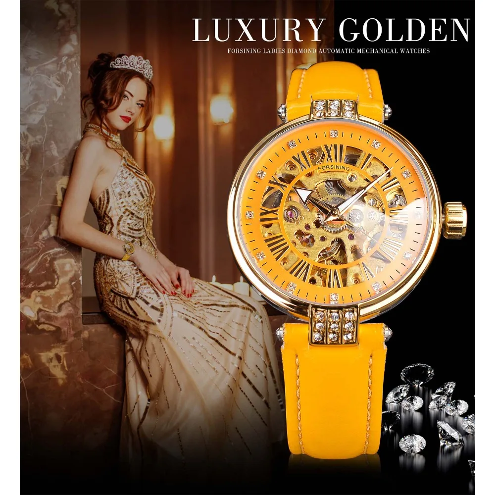 Forsining Giallo Genuino Della Cinghia di Cuoio Oro Movimento del Cambio Delle Signore Del Diamante Delle Donne di Scheletro di Lavoro Aperto di