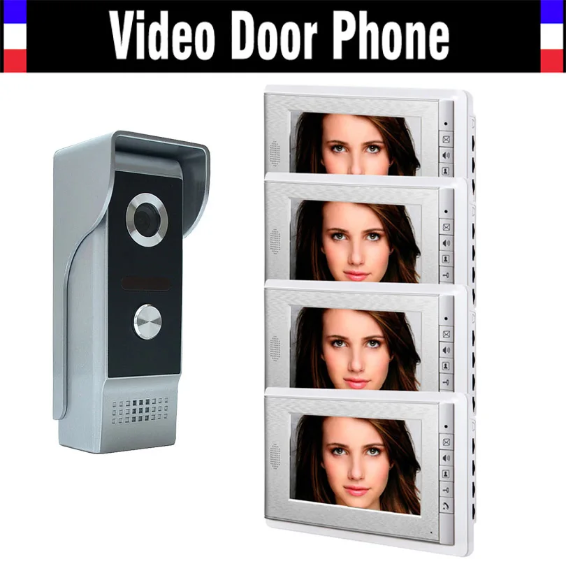 New 7 Inch Video Door Phone Doorbell Intercom System Video Door Bell Video interphone 1-Camera 4-Monitor for Villa apartment