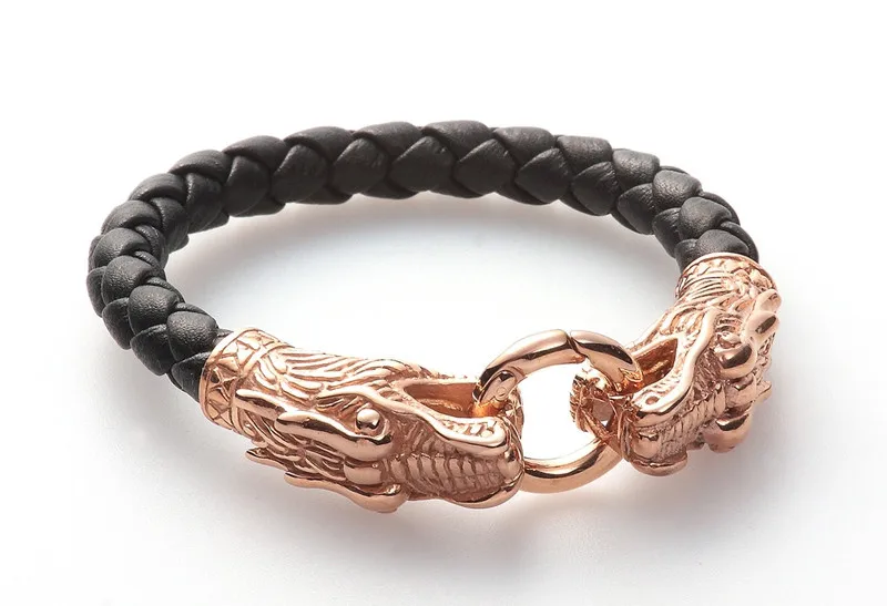 Top quality Genuine Leather Bracelet 316L Stainless Steel Rose Gold Plating Dragon Leather Bangle for Mens Gift AB095