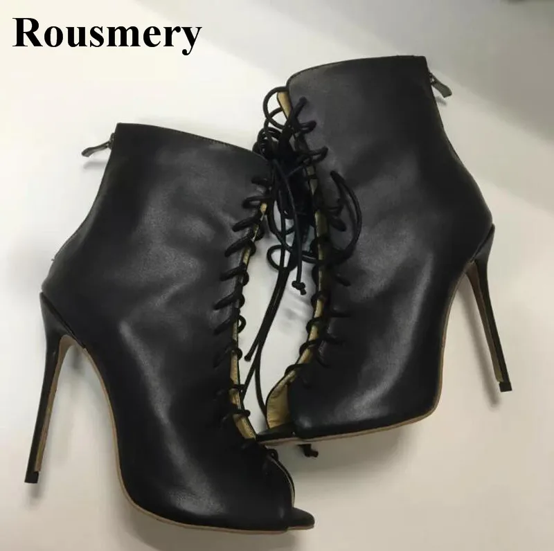 

Hot Selling Women Classical Design Open Toe Lace-up Black Leather Ankle Boots Cut-out High Thin Heel Boots Dress Shoes