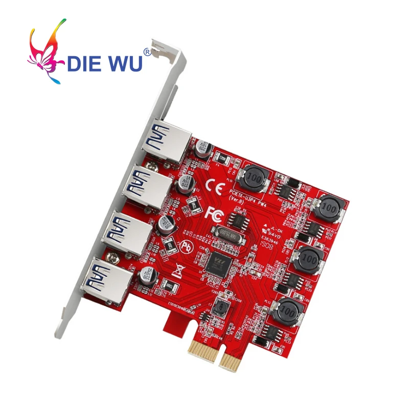 

DIEWU PCIe USB 3.0 Expansion card 4 Ports USB Riser Card Adapter Red PCB board VL805 chipset