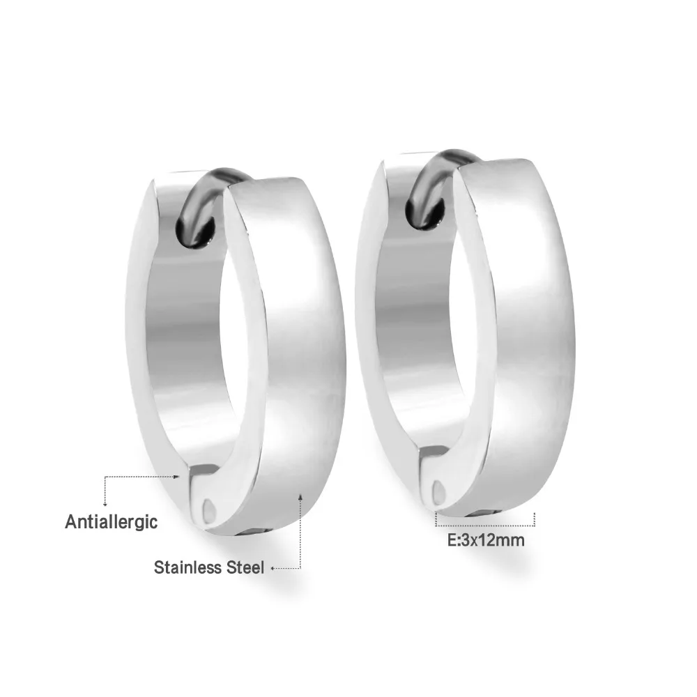 LUXUSTEEL 2pcs Punk Huggie Earrings For Women Men Smooth Black Silver Color Stainless Steel Round Circle Hoop Ear Jewelry