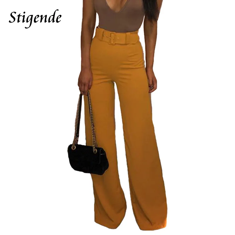 

Stigende Casual Solid Belt Trouser Womens High Waist Wide Leg Straight Pants Ladies Elegant Trousers Pants Pantalones Mujer