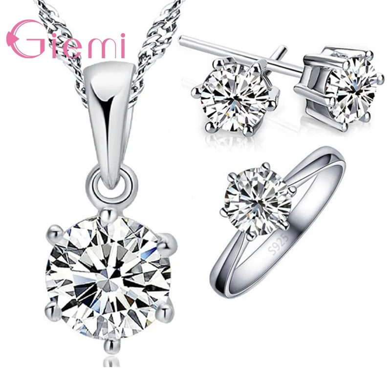 Classic Woman Birthday Gift Wedding Jewelry Set 3 pc/set Fashion 925 Sterling Silver White Crystal Necklace Ring Earring