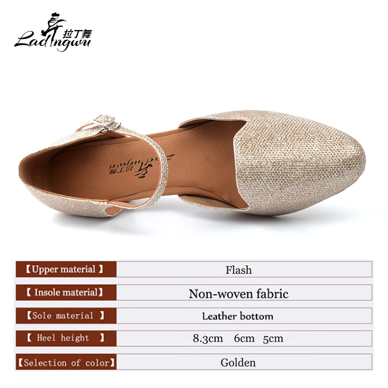 Ladingwu Golden Flash Cloth Women\'s Salsa Dance Shoes Closed Toe Soft Bottom Latin Ballroom Square Dance Shoes Heel 5/6/8.3cm