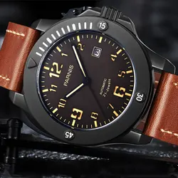 Nuovo 44mm parnis quadrante marrone PVD cassa calendario vetro zaffiro Miyota orologi meccanici automatici orologio maschile relogio masculino