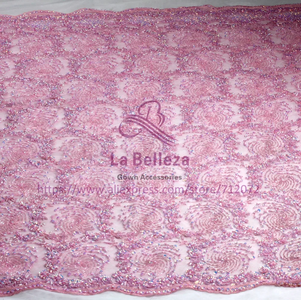 La Belleza New 1 yard super heavy handmde beaded baby pink evening dress lace fabric 47