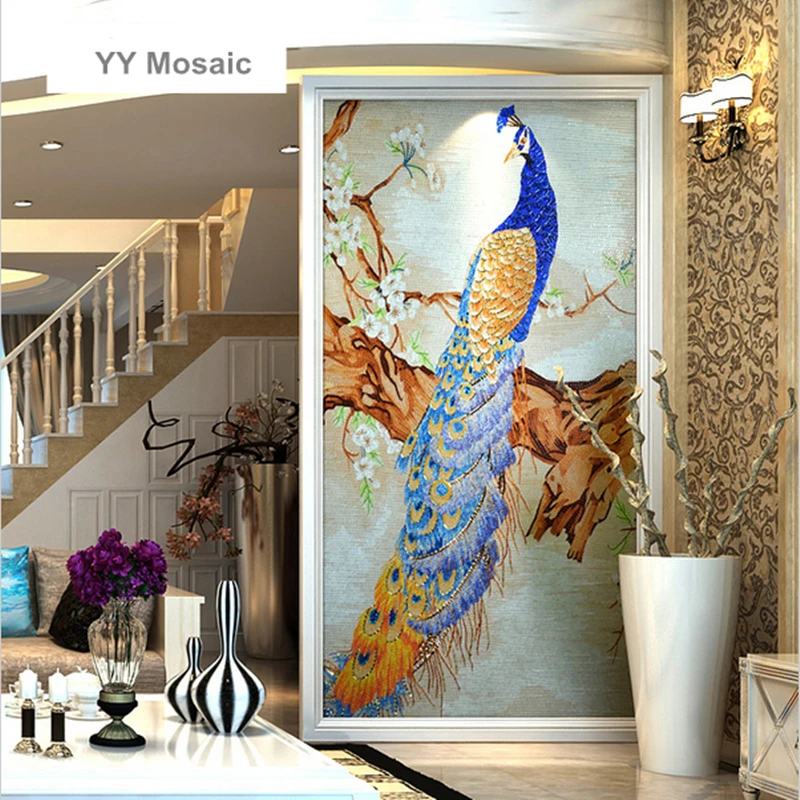 Crystal glass mosaic tile peacock painting handmade mural for living room entrance backdrop decoration high-end customized art