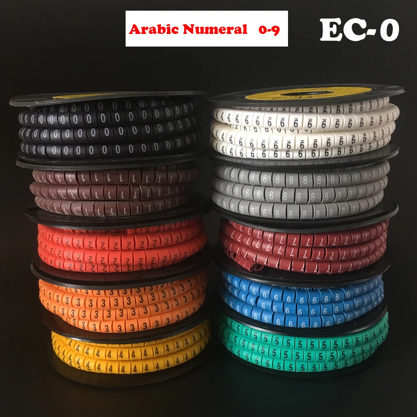 1000pcs/Lot EC-0 1.5mm2 Arabic Numeral 0-9 Letter Pattern PVC Flexible Print Sleeve Concave Tube Label Wire Cable Marker