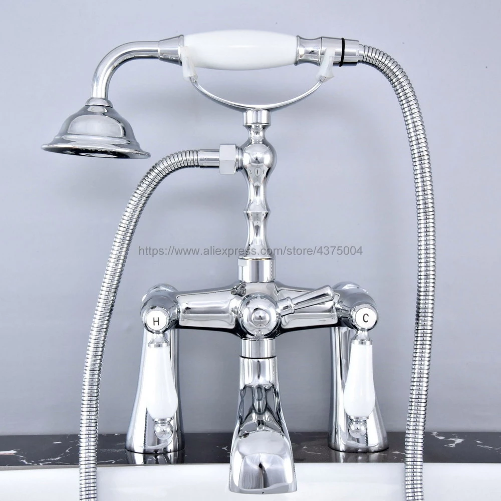 Bathtub Faucet Chrome Deck Mounted Bathroom Tub Faucet Dual Handle W/ Hand Shower Sprayer Tub Mixer Tap Ntf765