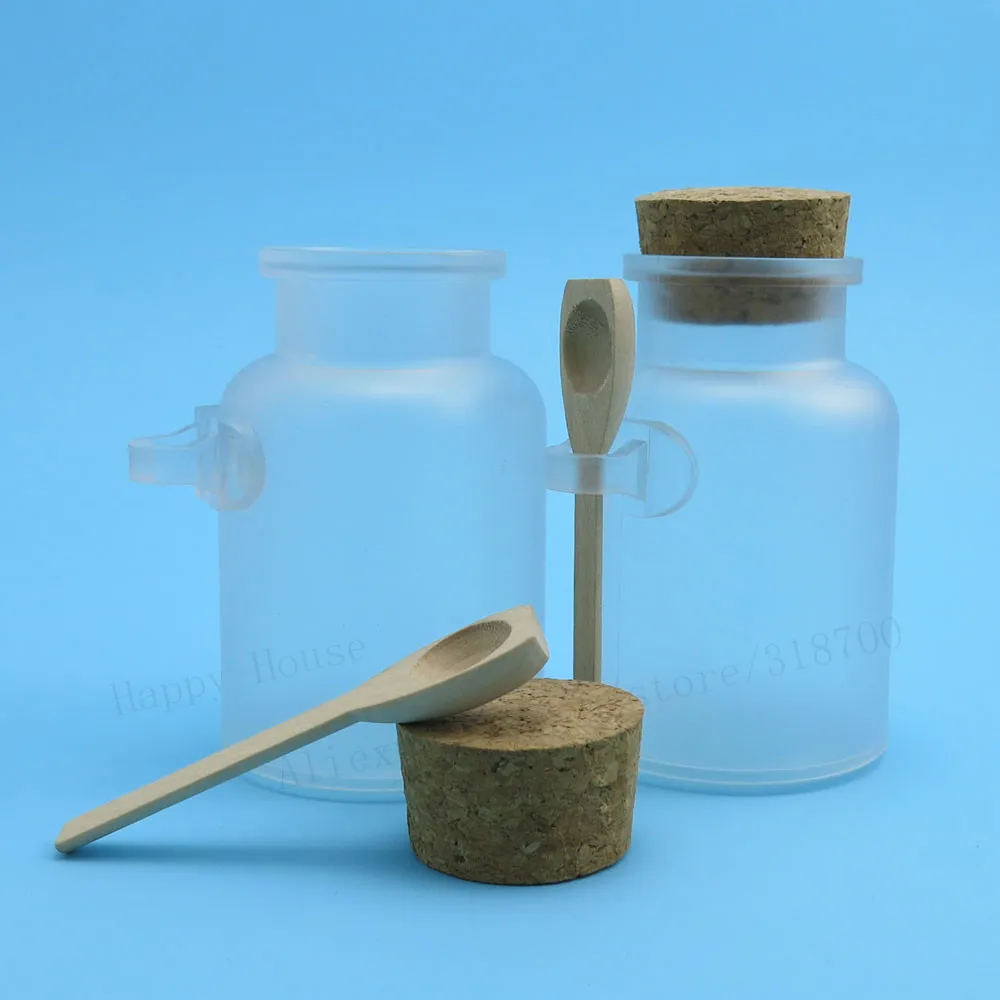 24 x 200g Empty Refillable Bath salt bottle with cork jar with wooden spoon 200ml Powder plastic bottle