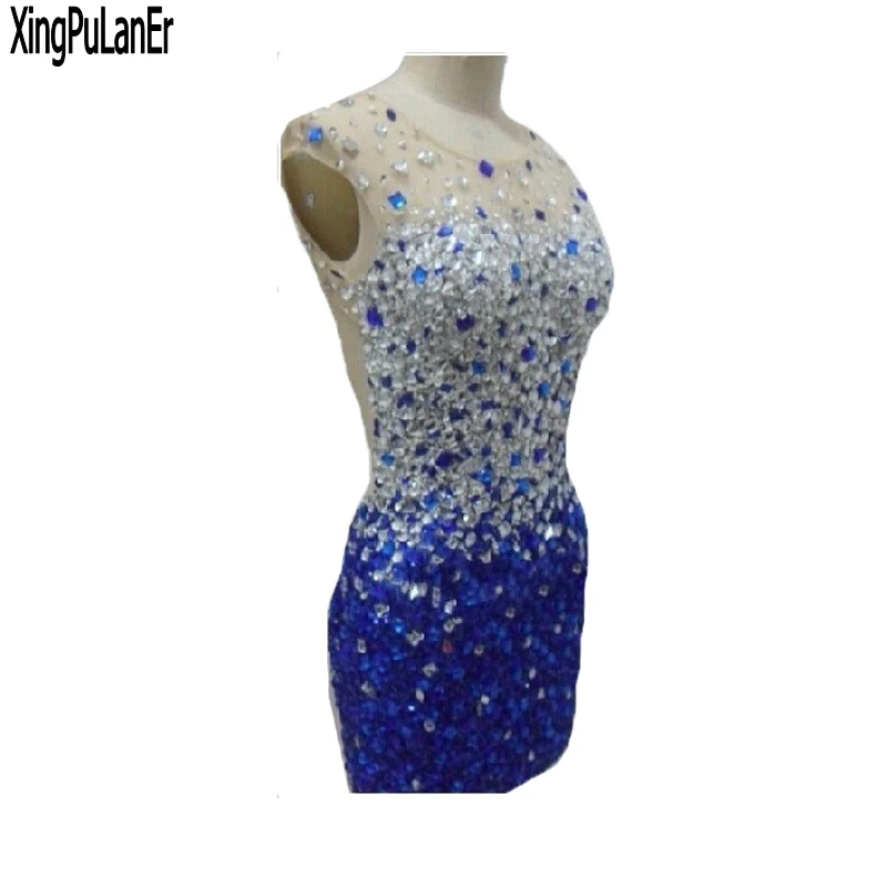 Stunning Real Sample Spring XPLE Fashion Design Straight Cap Sleeve Full Royal Blue Beaded Crystals Short Evening Dresses