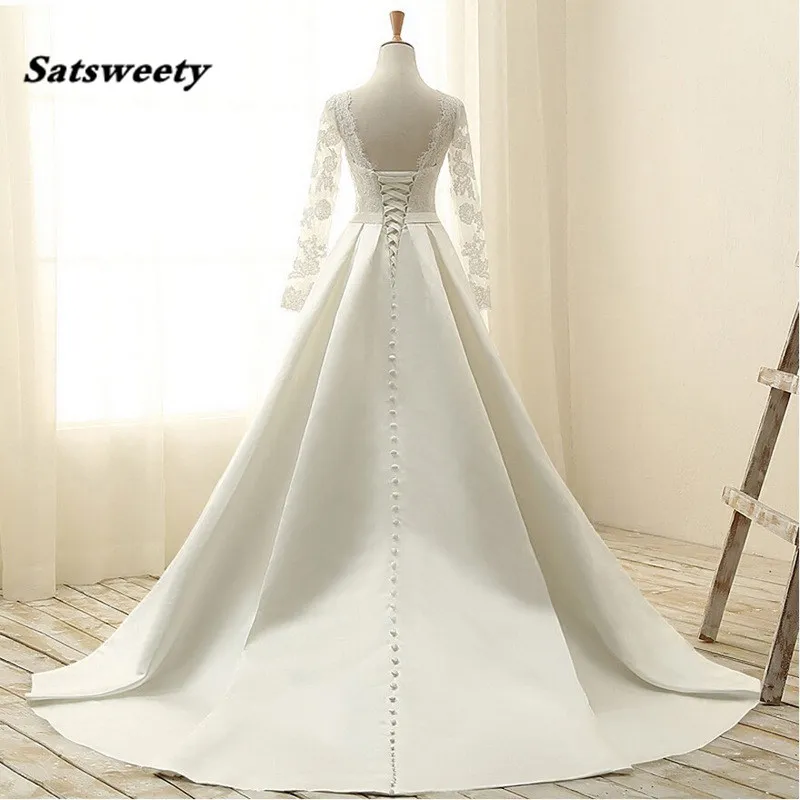 White Ivory Long Sleeve Lace Wedding Dresses Casamento Sheer A Line Custom Made Bridal Gowns Open Back Robe De Mariee