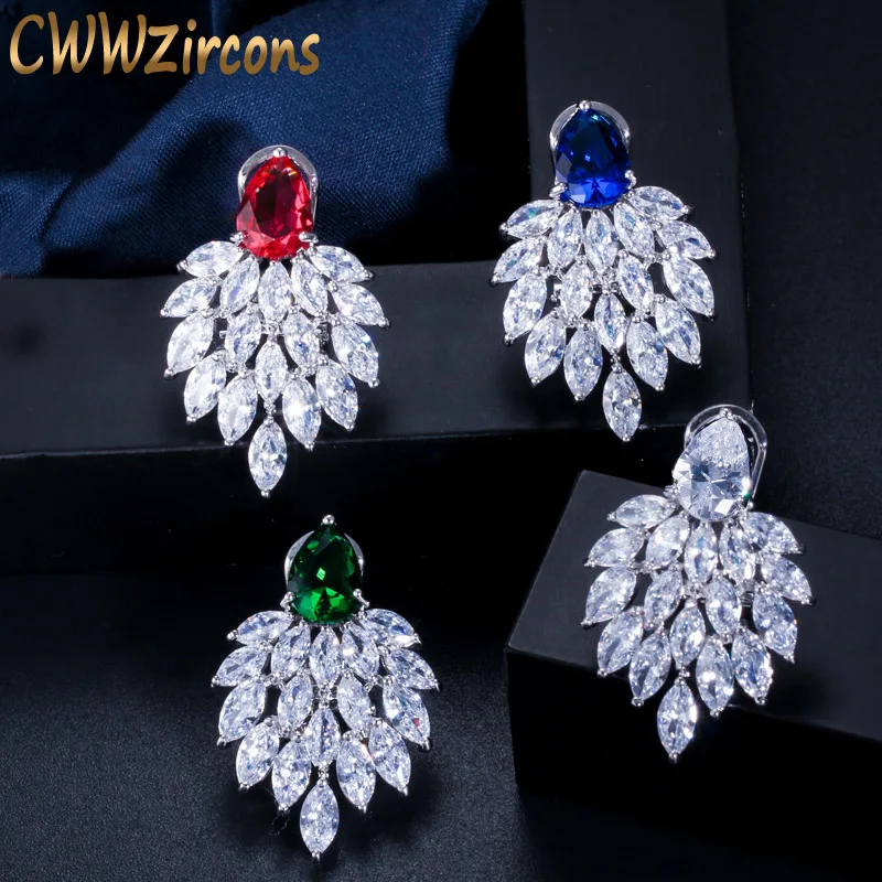 CWWZircons 2022 Fashion Designer Brand Jewelry Noble White Cubic Zirconia Paved Long Big Green CZ Earrings for Women CZ292