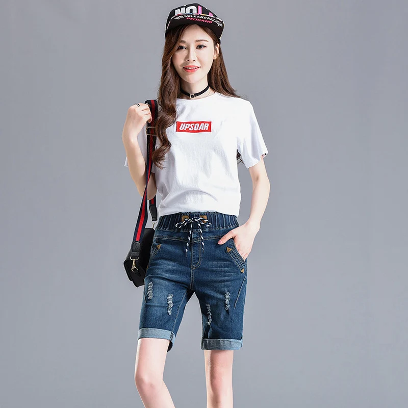 OHRYIYIE Large Size 6XL High Waist Denim Shorts Women 2023 New Summer Elastic Waist Jeans Shorts Femme Loose Hole Curling Shorts