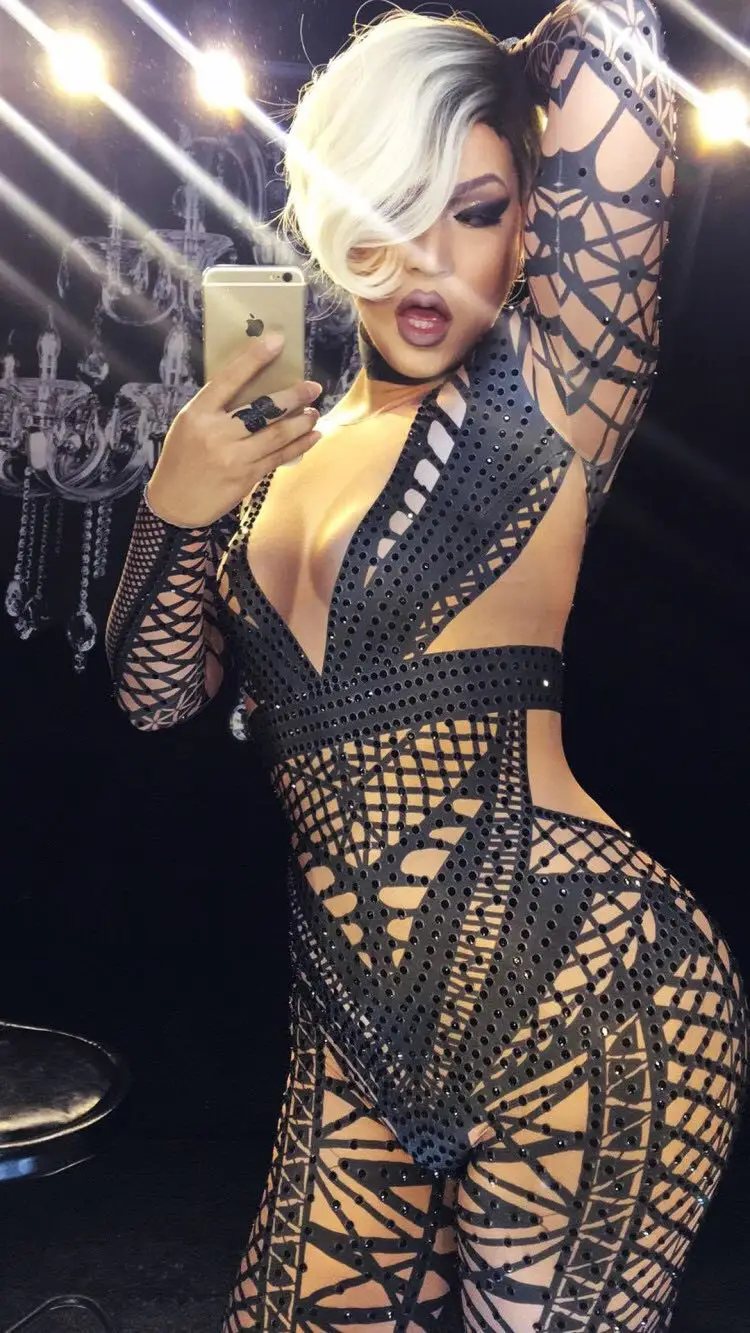 

New Female Singer DS Guest Stage Costume DJ Costume Black Network Rhinestones Tight Jumpsuit Dance Costume Party Celebration