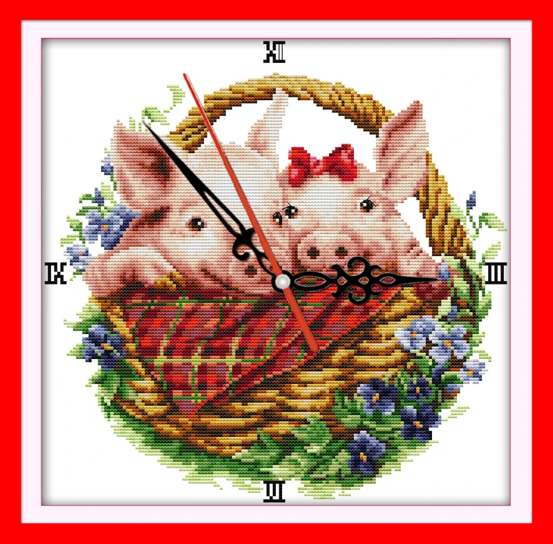 Pig in flower basket cross stitch kit 14ct 11ct count print canvas wall clock stitching embroidery DIY handmade needlework