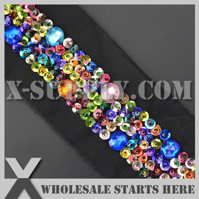 

Decoration Black Bridal Lace Trim with Mixed Color Sequins and Acrylic Gems for Wedding Dress,Collar,Hats,Bags,Shoes/Wholesale