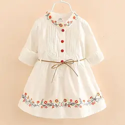 2024 Spring Autumn 3 4 5 6 8 10 12 Years Embroidery Floral Long Short Sleeve Double Use White Elegant With Belt Kids Girl Dress