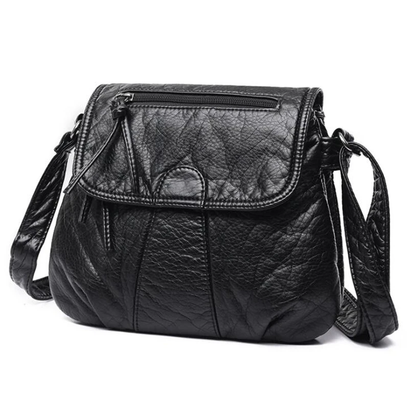 Black Small Women Messenger Bag Soft Washed PU Leather Crossbody Bag Female Handbag Purses