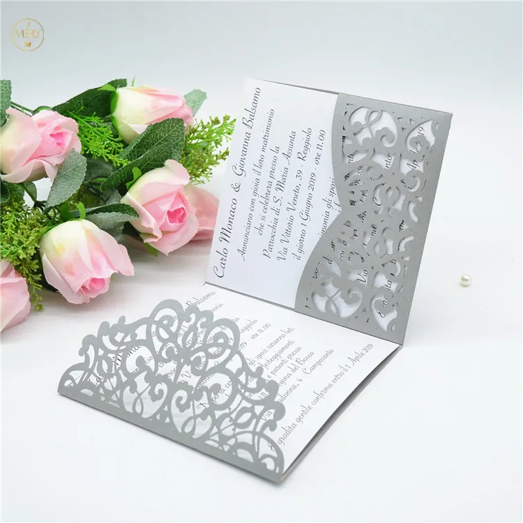 TF04 laser cut bright silver pearl paper pocket fold wedding invitation