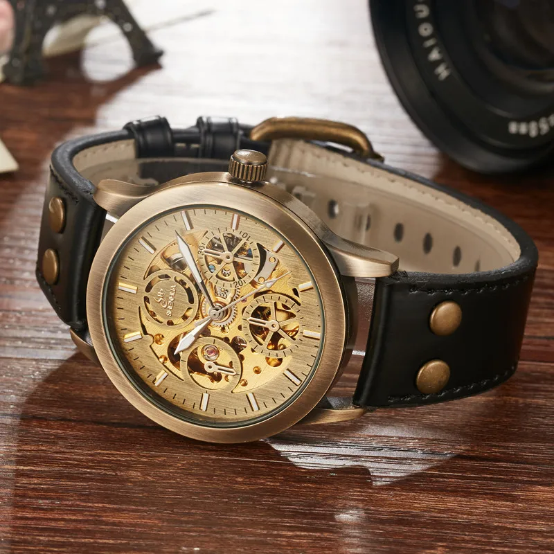 SHENHUA Retro Bronze Automatic Mechanical Watch Mens Skeleton Luminous Real Leather Men Sport Speed Mechanical Wristwatches