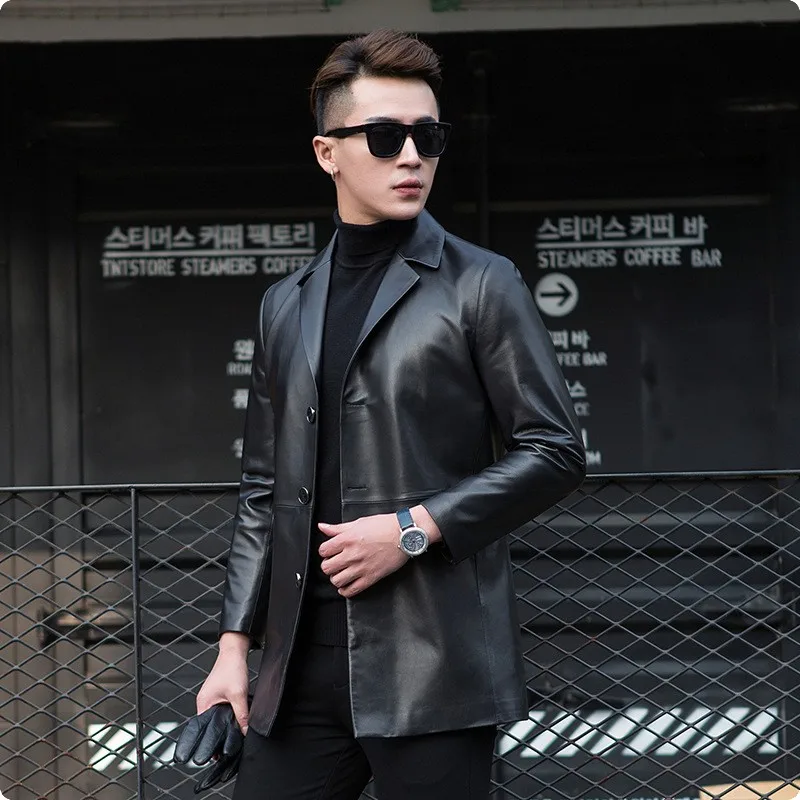 New Korean Style Slim Fit Mens Casual Sheepskin Genuine Leather Blazer Turn Down Jackets Chaqueta De Cuero Hombre Blouson Moto