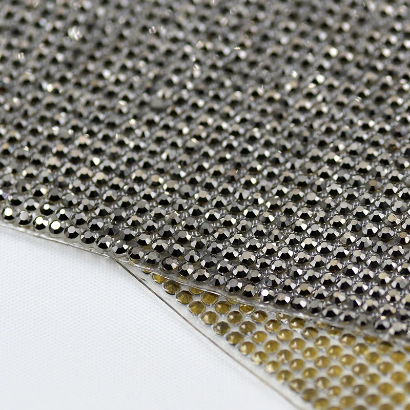 JUNAO SS6 SS8 Jet Hematite Hotfix Glass Rhinestones Trim Mesh Rhinestones Fabric Sheet Crystal Applique Band For Jewelry Crafts