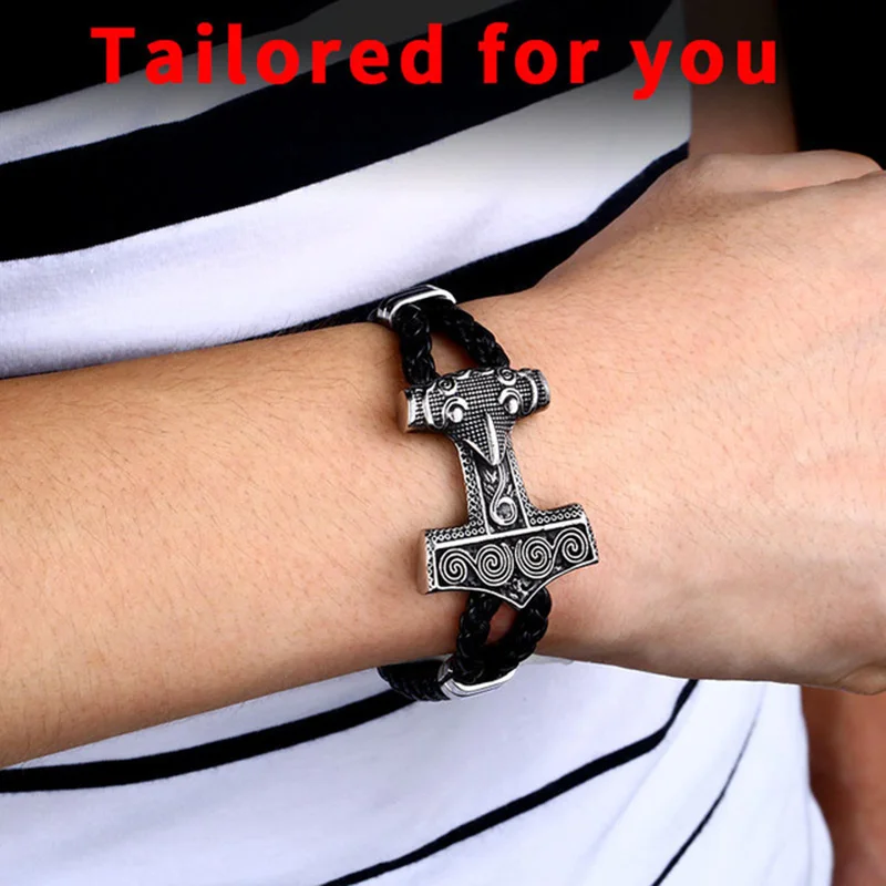 Beier 316L Stainless Steel Cowhide Bracelet Viking Scandinavian Norse Men\'s Bracelet Mjolnir Fashion LLBC-L033